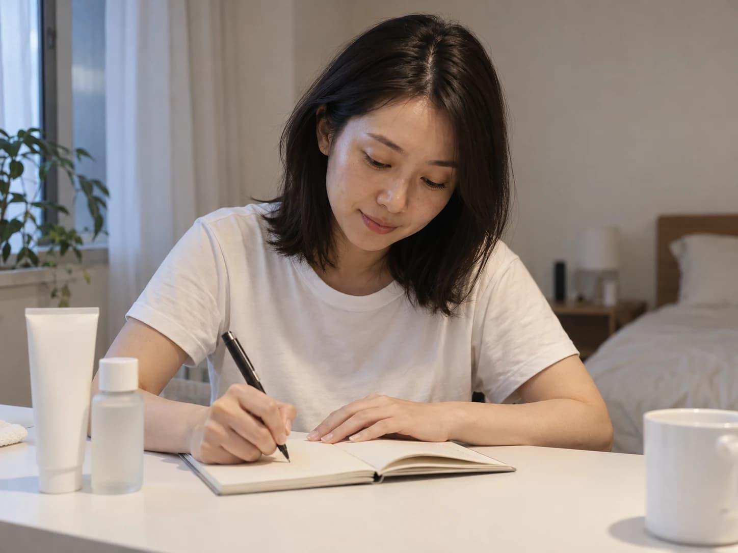 A woman recording a note after her skincare routine.