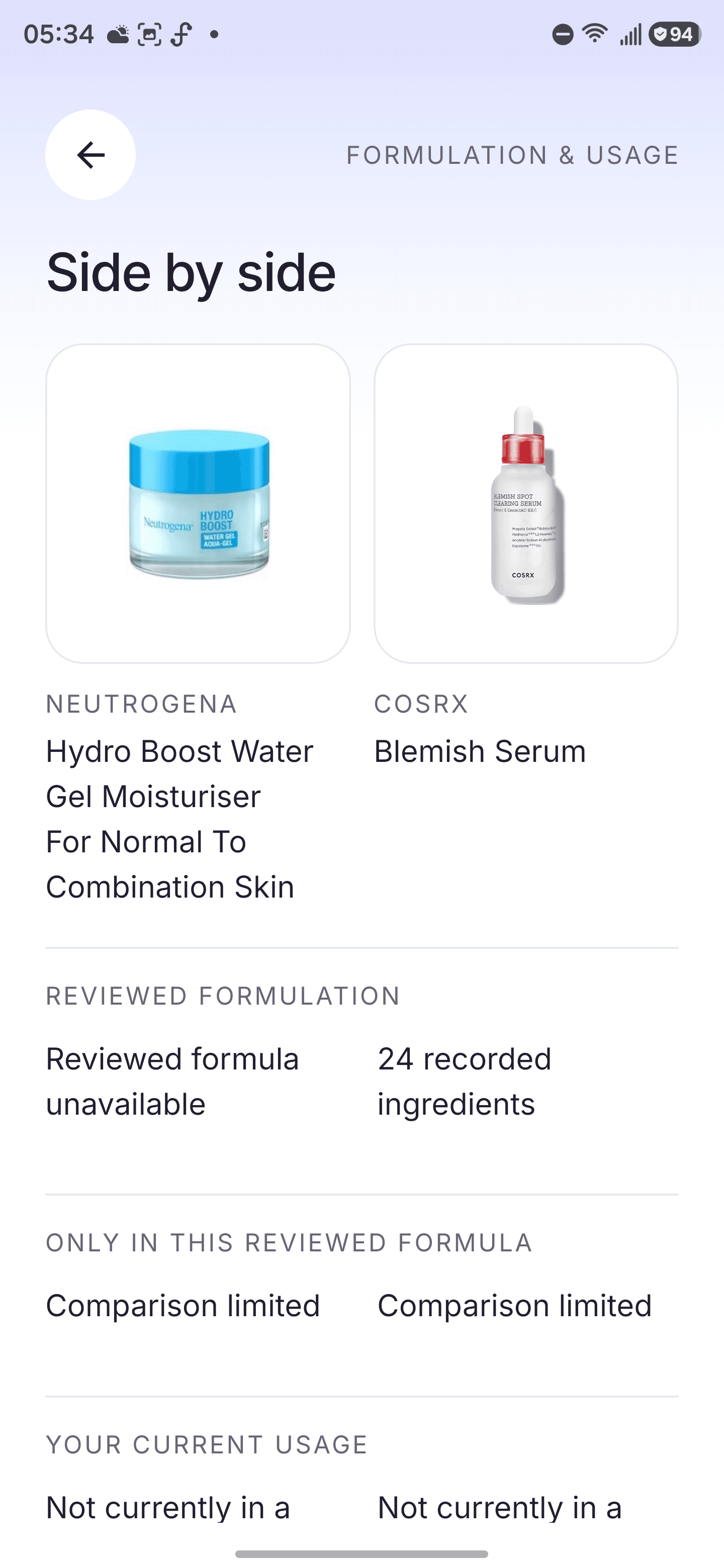 PALIM product comparison showing Neutrogena and COSRX side by side, including an unavailable reviewed formulation and a limited comparison.