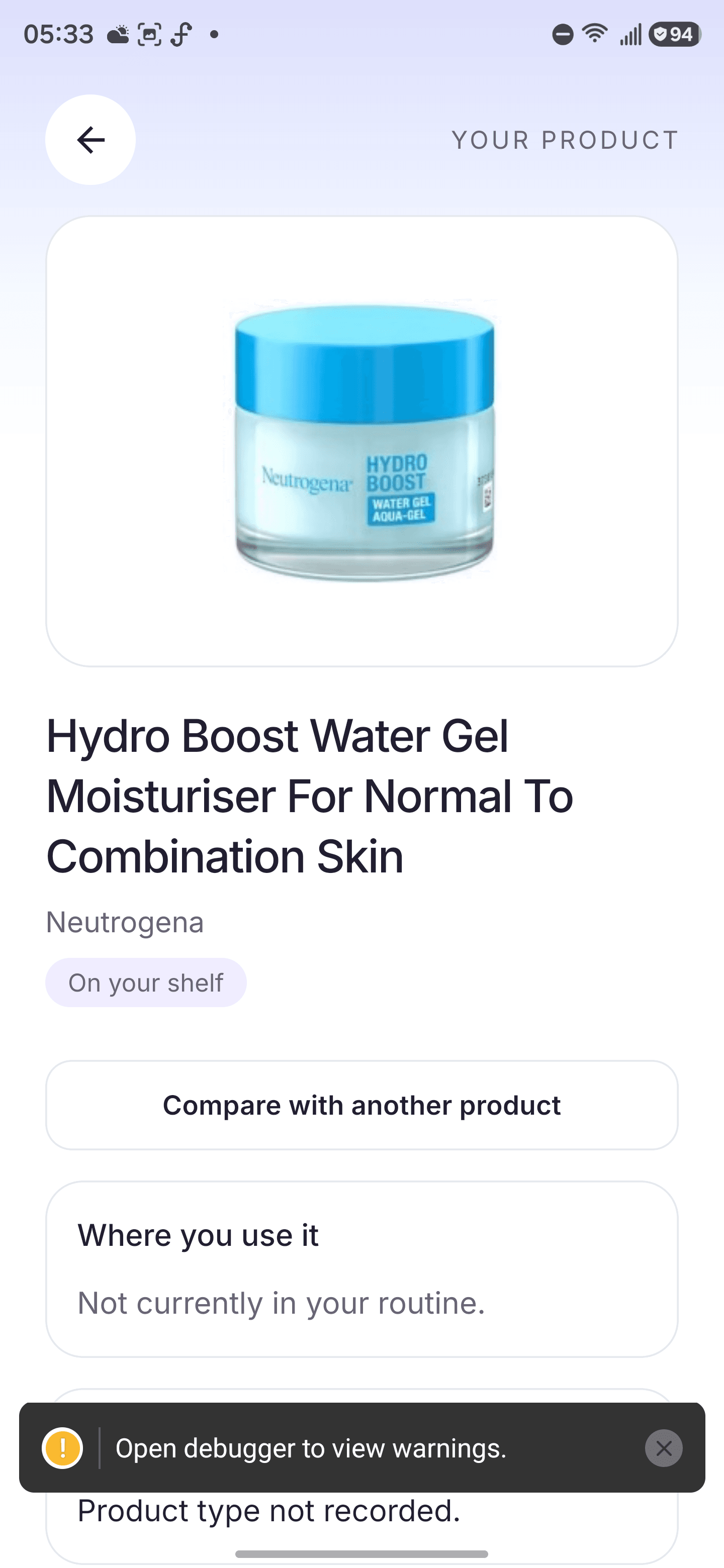 Excerpt of PALIM Product Detail showing a Neutrogena moisturizer on the Shelf and its routine usage section.