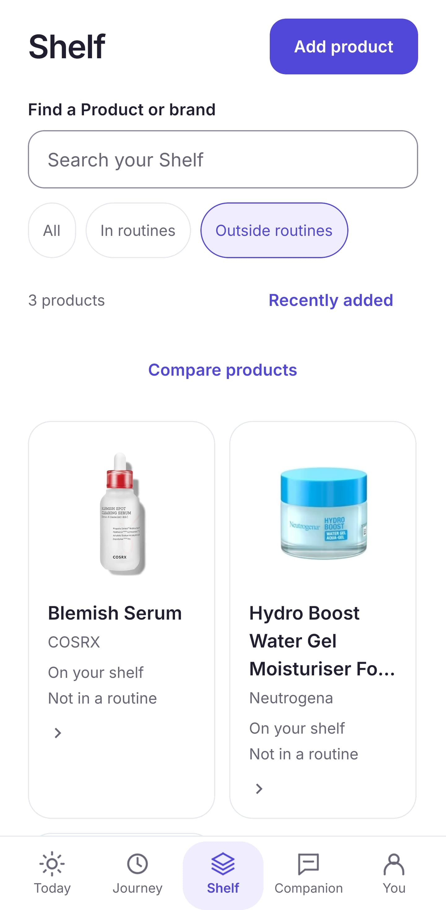 PALIM Shelf showing product search, routine filters, and COSRX and Neutrogena products outside the current routine.