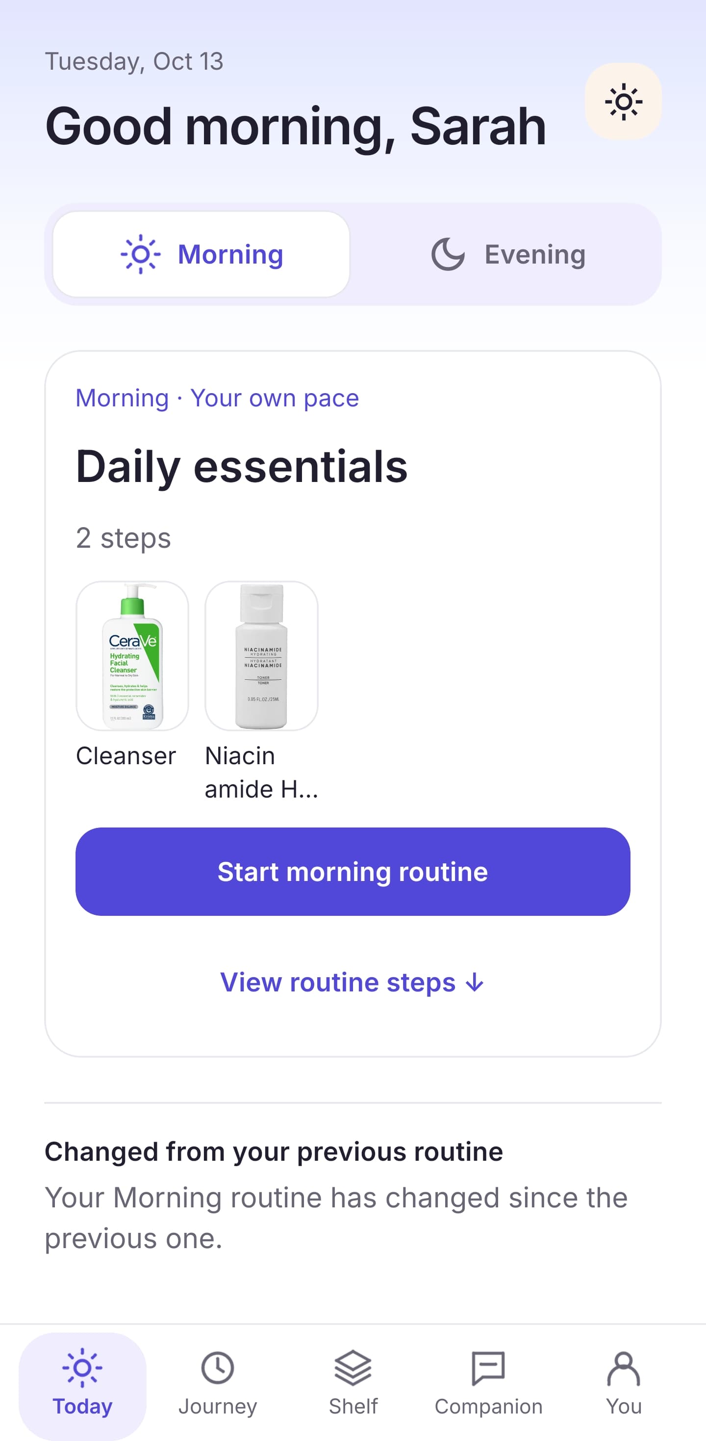 PALIM Today showing a two-step morning routine, cleanser and niacinamide products, and the option to start the routine.
